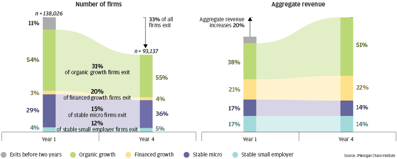 Bar garph describes about Organic growth firms contribute the majority of small business revenue four years after founding