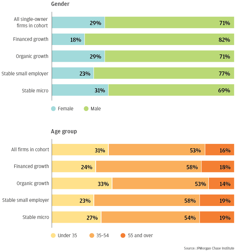 Bar garph describes about gender and age distributions by the small business segments described in Box 3