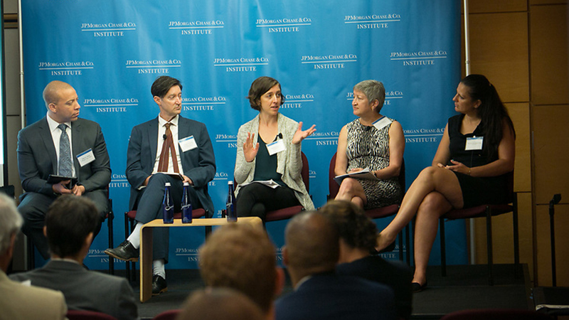 Opening Plenary on Financial Health Outcomes within Cities and Local Communities. From left: Marvin Ward (JPMorgan Chase Institute), Norton Francis (DC Office of the CFO), Rachel Meltzer (The New School), Dory Rand (Woodstock Institute), Tina Plerhoples-Stacy (Urban Institute)