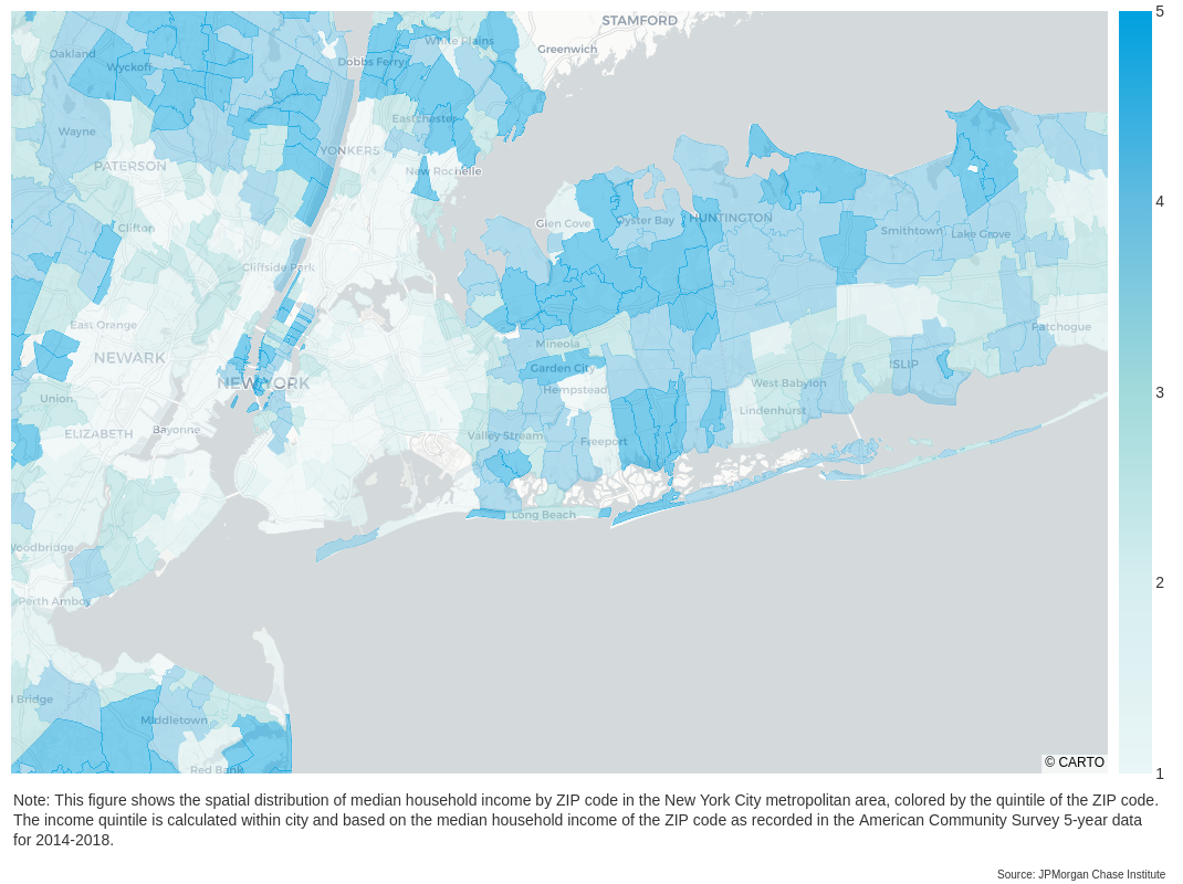 Infographic describes about NYC metro area neighborhoods by median household income quintile