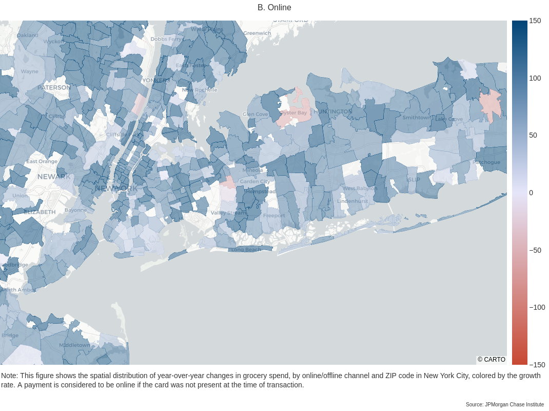 Infographic describes about NYC metro area online grocery spend shows differential growth across neighborhoods