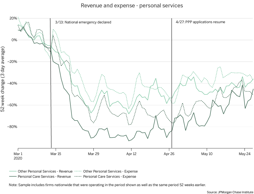 Graph describes about revenues and expenses - personal services, personal care services fared worse in comparison to other personal services