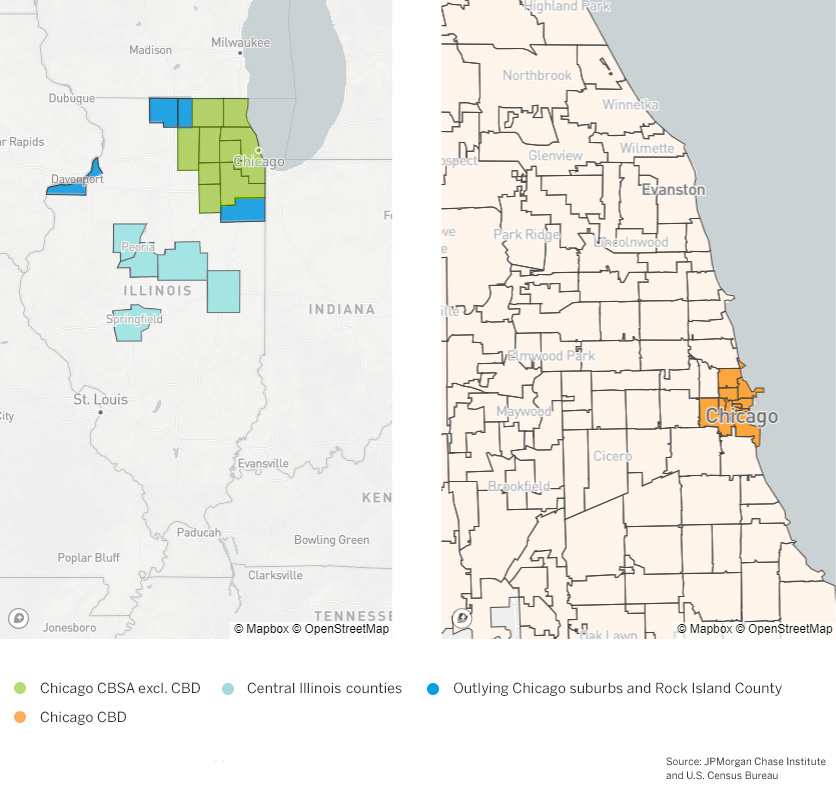 Map of the sample of small businesses in Illinois covers urbanized counties.