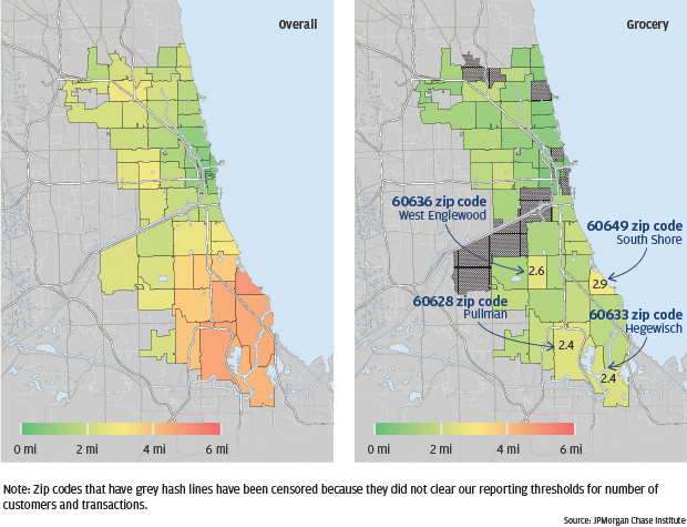 Infographic describes about Consumers shopped closer to home for their groceries, except in some South Side neighborhoods, Zip codes that have grey hash lines have been censored because they did not clear our reporting thresholds for number of customers and transactions.