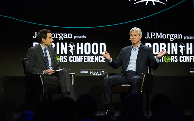 New York Times Journalist Andrew Ross Sorking talks with Jamie Dimon.