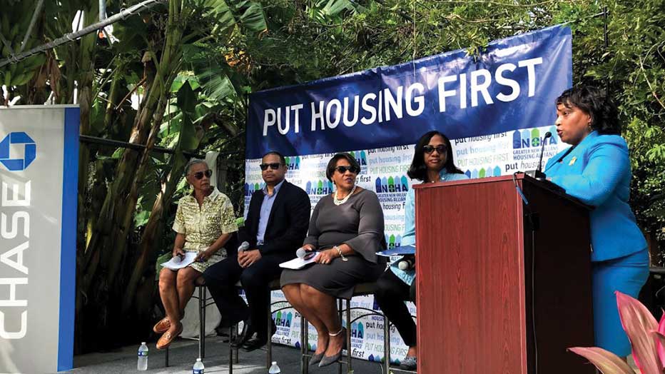 Andreanecia Morris, executive director of HousingNOLA, discusses the group’s Community Development Finance Plan with community members.