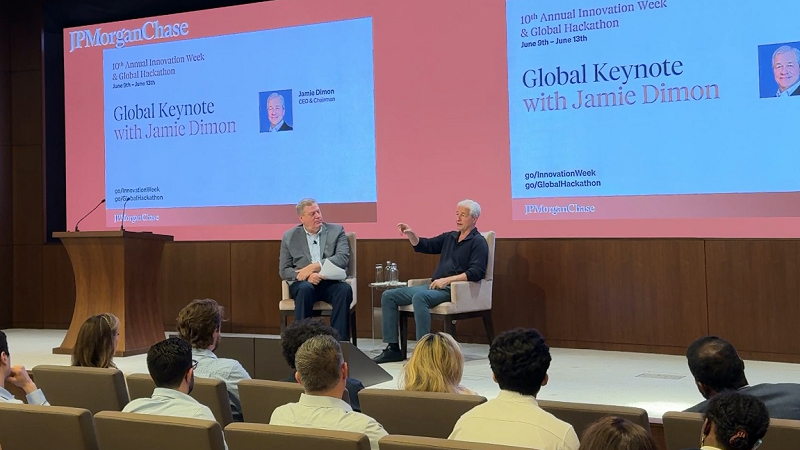 Jamie Dimon, CEO of JPMorgan Chase, speaking at the 10th Annual Innovation Week & Global Hackathon