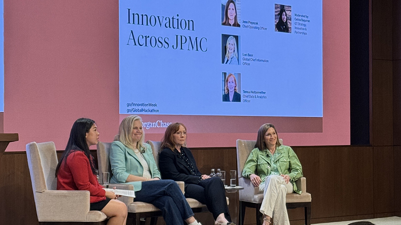 Panel discussion titled "Innovation Across JPMC" featuring Jemma Peers, Chief Operating Officer; Lori Beer, Global Chief Information Officer; and Teresa Heitsenrether, Chief Data & Analytics Officer. Moderated by Colleen Briggs, Head of Community Innovation & Corporate Responsibility Partnerships.