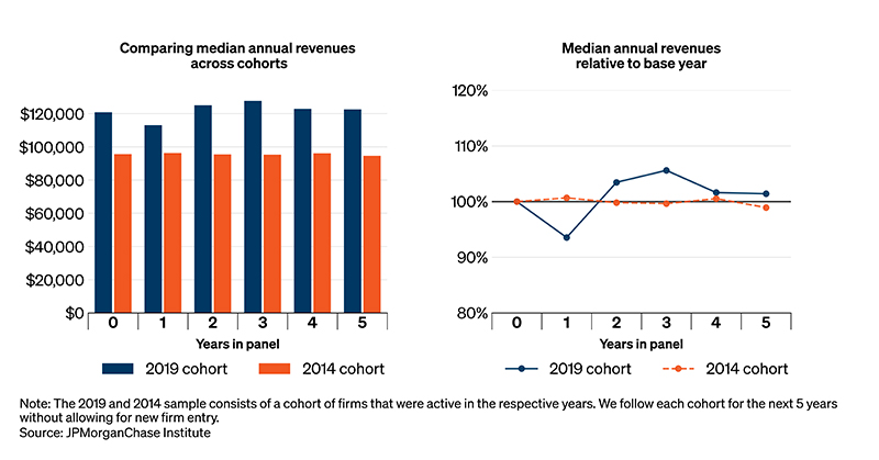 For both the 2014 and the 2019 cohorts, median revenues stabilized as firms matured.