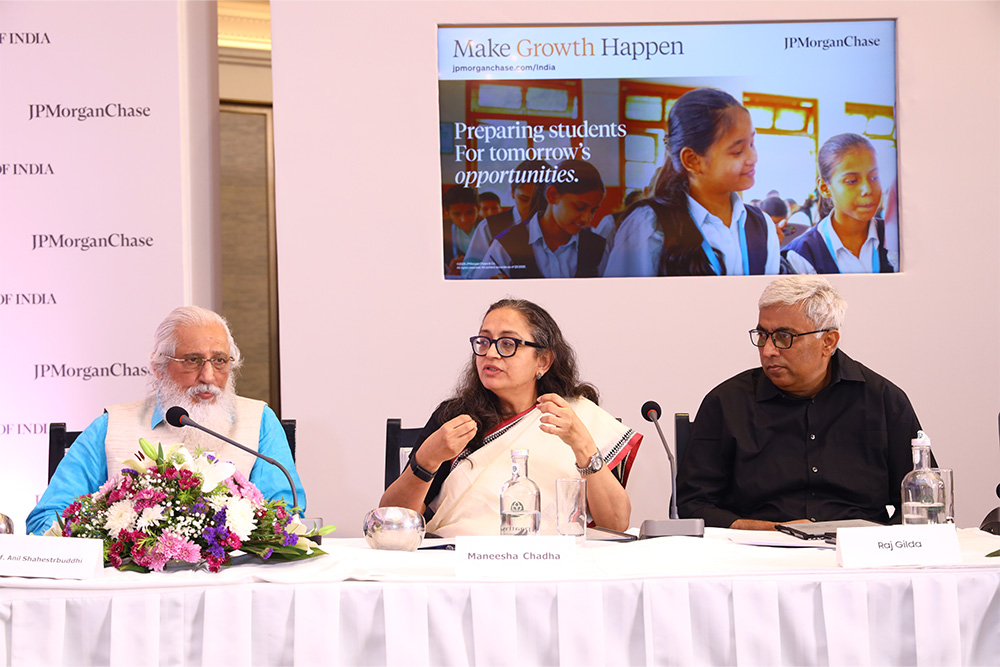 Three participants in a panel discussion about India's workforce skills